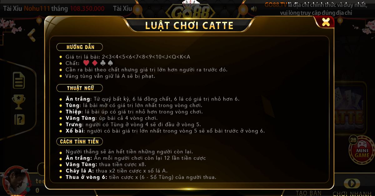 Các thuật ngữ có trong game Catte Go88